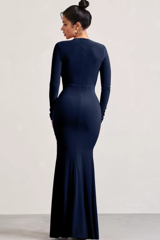 Club L London Unforgotten | Wrap Front Maxi Dress With Side Split Navy Cheap