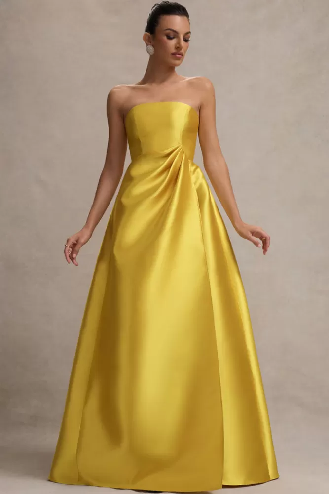 Club L London Universe | Mustard Bandeau Split Puff-Skirt Maxi Dress SULPHUR Clearance