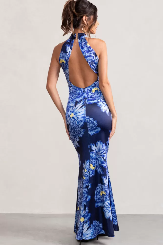 Club L London Unstoppable | Blue Floral Print Satin Cross Over Halter Neck Maxi Dress BLUEFLORAL Online