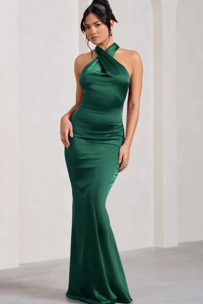 Club L London Unstoppable | Bottle Green Satin Cross Over Halterneck Maxi Dress BottleGreen Cheap