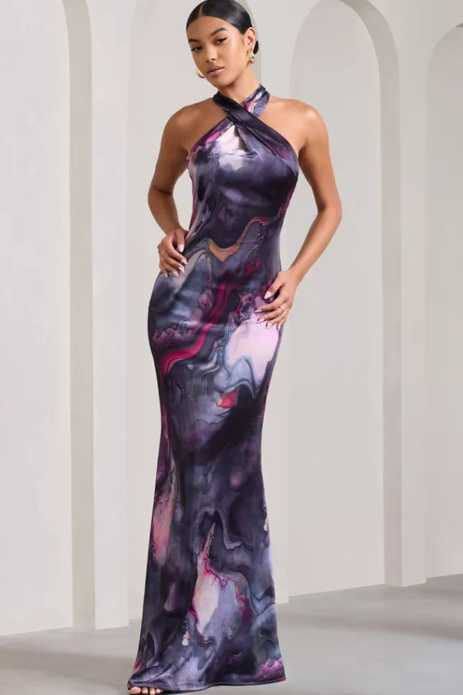 Club L London Unstoppable | Marble Print Satin Cross Over Halterneck Maxi Dress MULTI Fashion