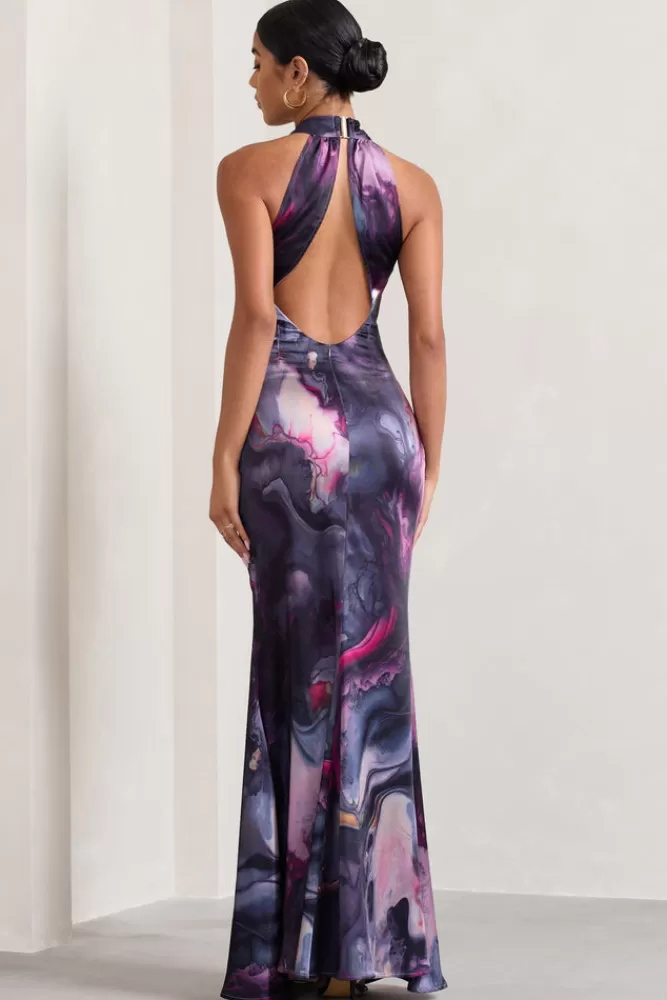 Club L London Unstoppable | Marble Print Satin Cross Over Halterneck Maxi Dress MULTI Fashion