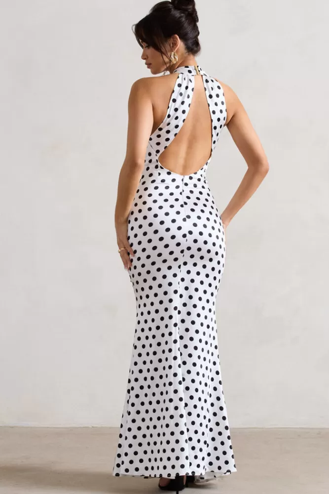Club L London Unstoppable | White Polka Dot Satin Cross Over Halter Neck Maxi Dress WHITEBASEPOLKADOT Outlet