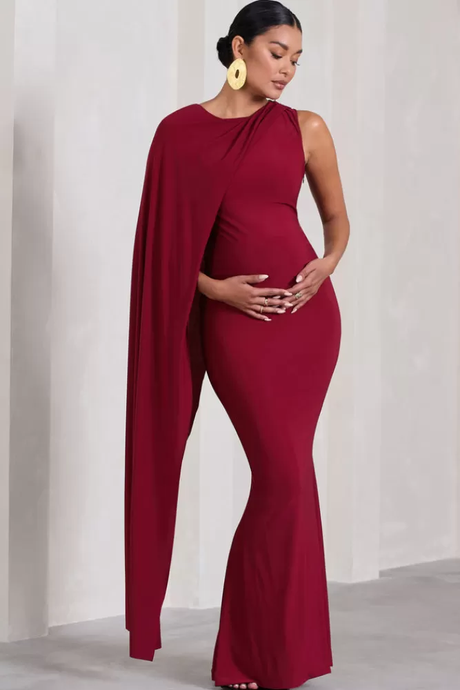 Club L London Unveil | One-Sleeve Cape Maternity Maxi Dress BERRY Outlet