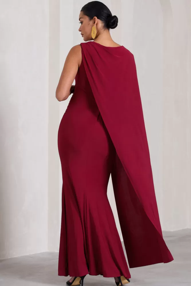 Club L London Unveil | One-Sleeve Cape Maternity Maxi Dress BERRY Outlet