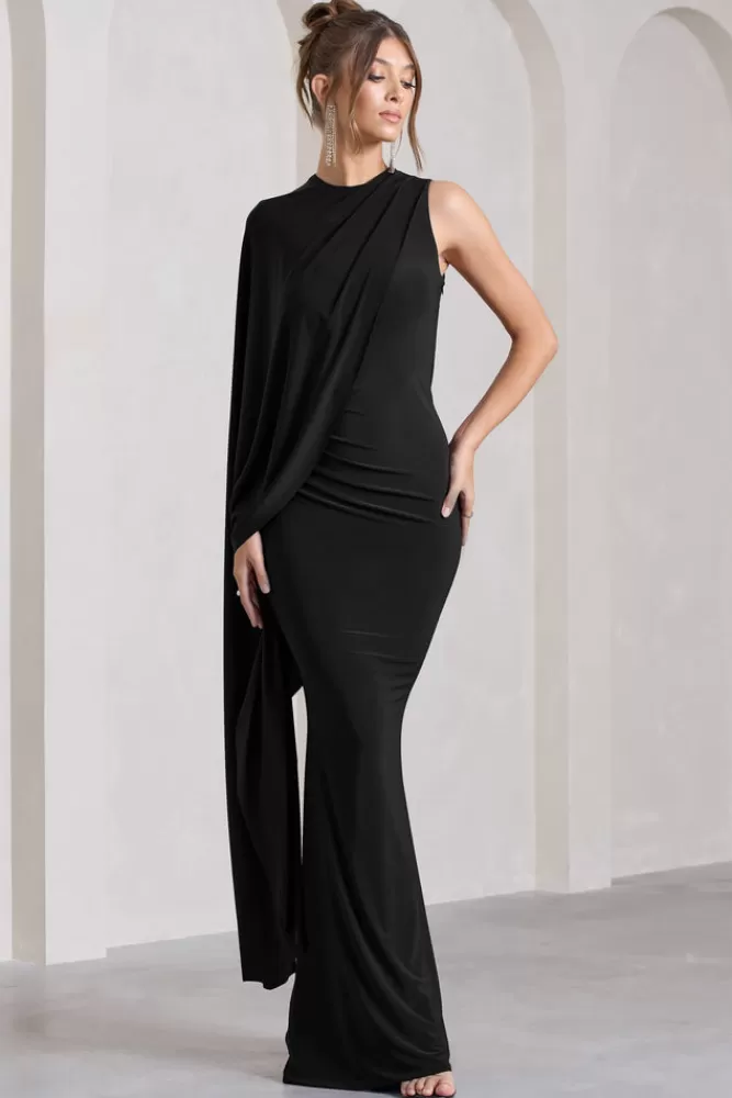 Club L London Unveil | One-Sleeve Cape Maxi Dress BLACK Online