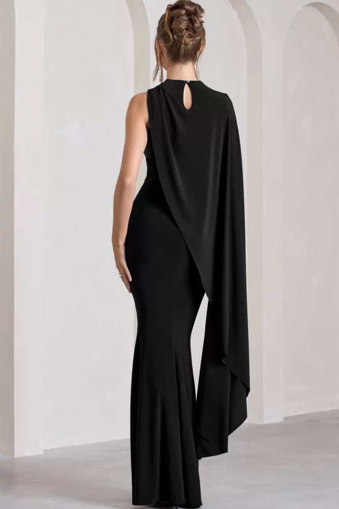 Club L London Unveil | One-Sleeve Cape Maxi Dress BLACK Online