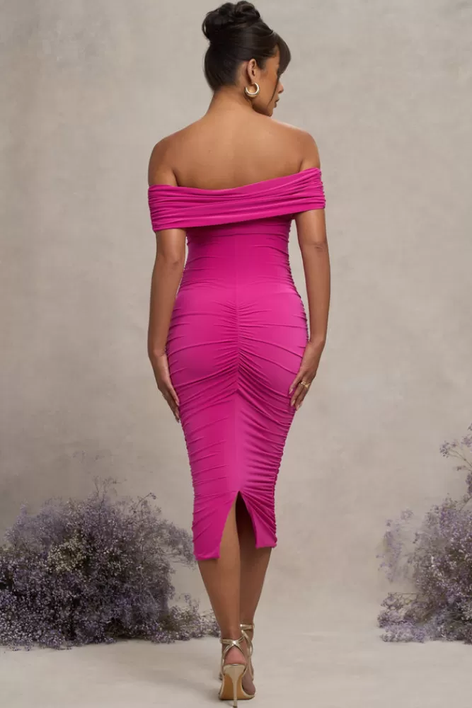 Club L London Unwrapped | Dark Pink Ruched Twist Bardot Maternity Midi Dress HOTPINK Flash Sale