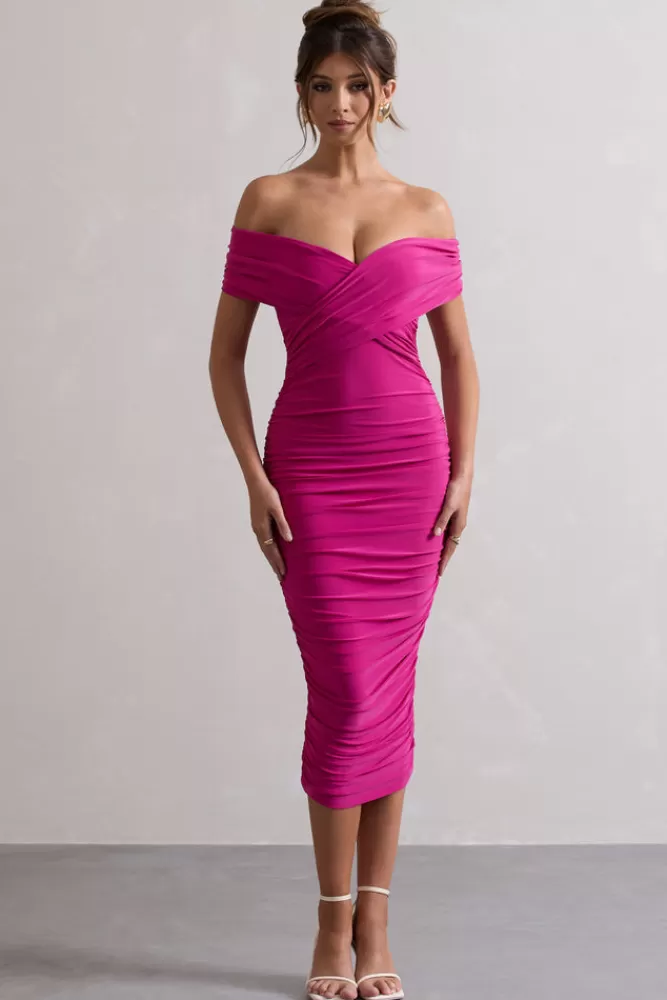 Club L London Unwrapped | Dark Pink Ruched Twist Bardot Midi Dress BOUDOIRRED Discount