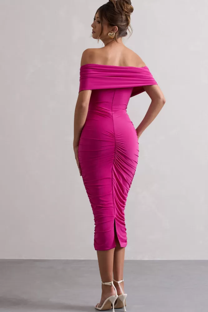 Club L London Unwrapped | Dark Pink Ruched Twist Bardot Midi Dress BOUDOIRRED Discount