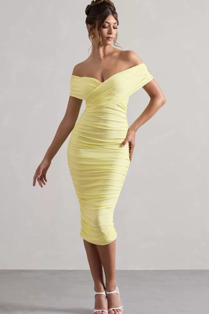 Club L London Unwrapped | Ruched Twist Bardot Midi Dress LEMON Online