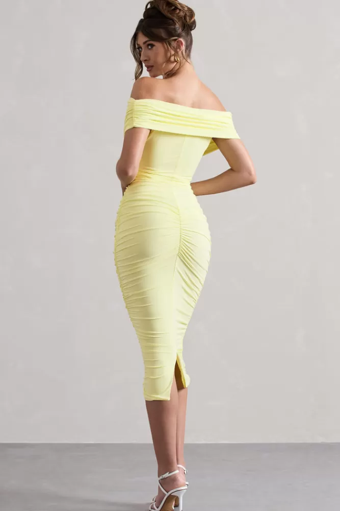 Club L London Unwrapped | Ruched Twist Bardot Midi Dress LEMON Online