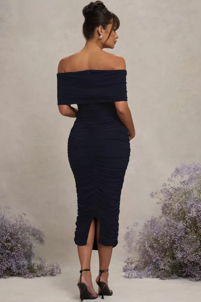 Club L London Unwrapped | Ruched Twist Bardot Maternity Midi Dress NAVY Best Sale