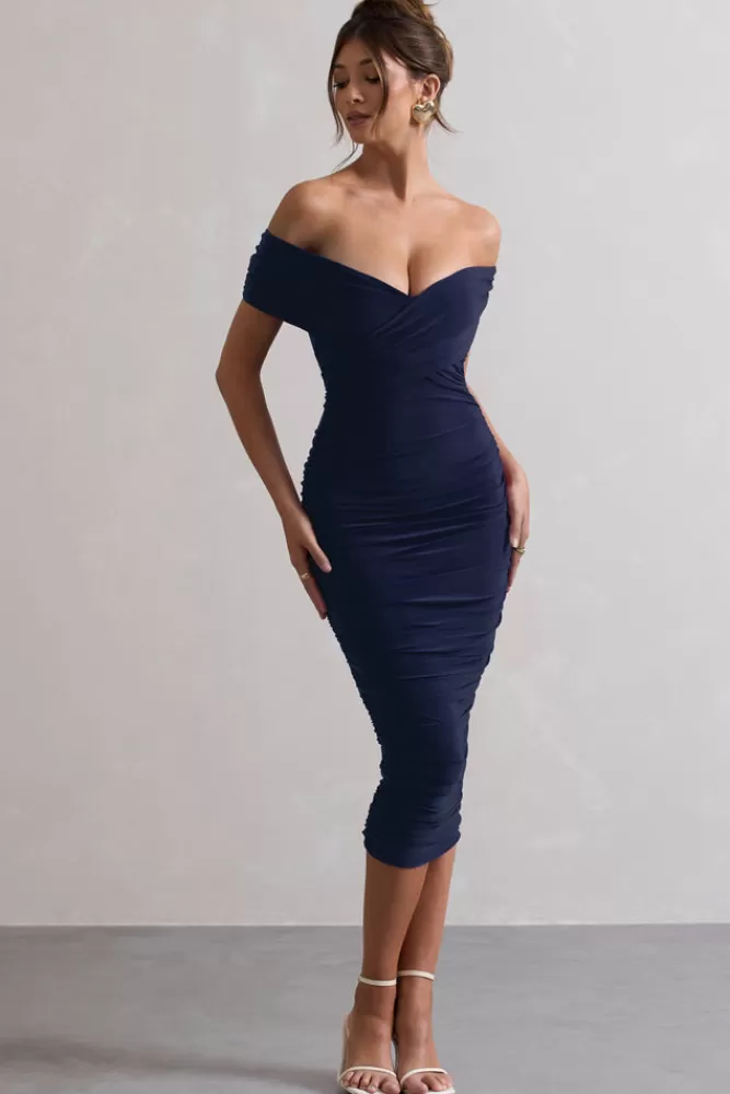 Club L London Unwrapped | Ruched Twist Bardot Midi Dress NAVY Discount