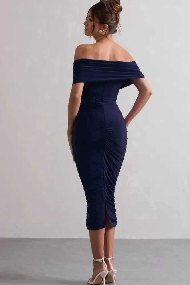 Club L London Unwrapped | Ruched Twist Bardot Midi Dress NAVY Discount