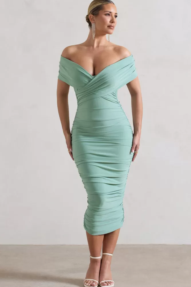 Club L London Unwrapped | Ruched Twist Bardot Midi Dress SAGE Hot