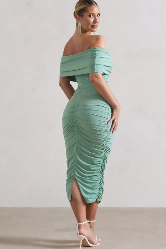 Club L London Unwrapped | Ruched Twist Bardot Midi Dress SAGE Hot