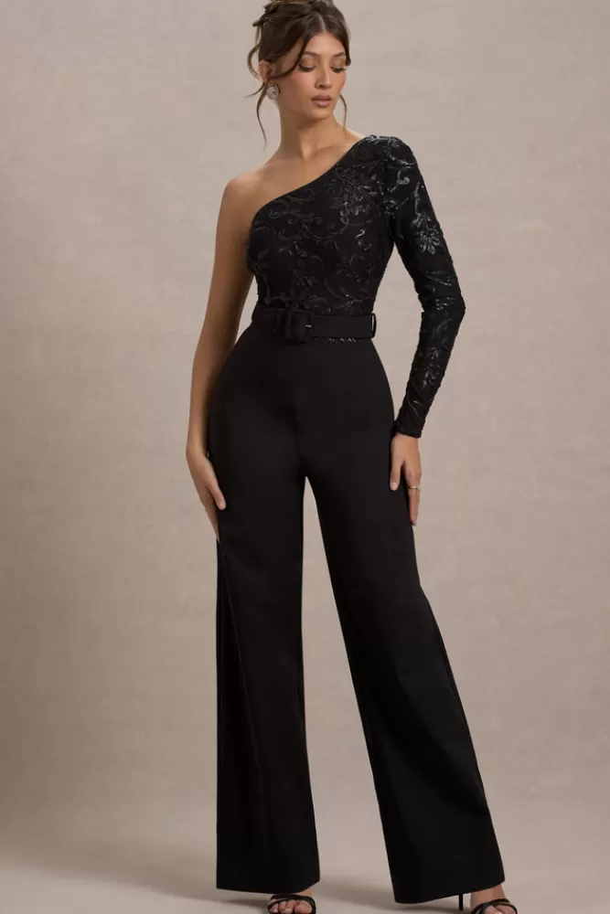 Club L London Upgrade | Lace Asymmetric Belted Wide-Leg Jumpsuit BLACK Cheap