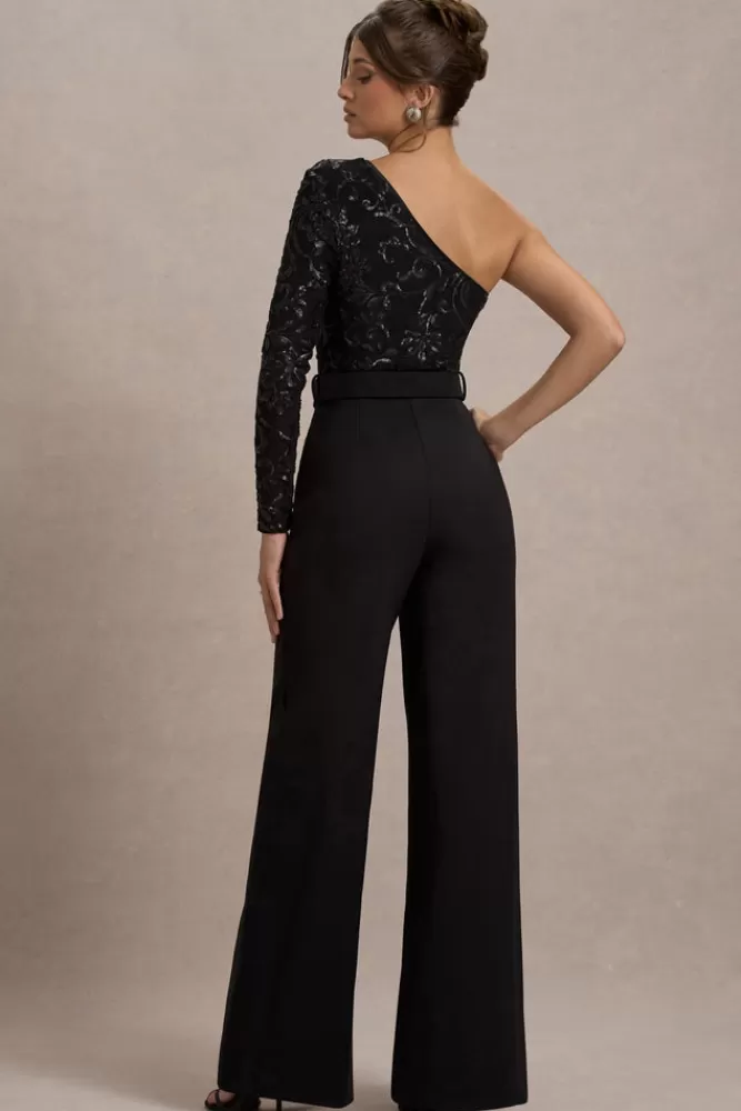 Club L London Upgrade | Lace Asymmetric Belted Wide-Leg Jumpsuit BLACK Cheap