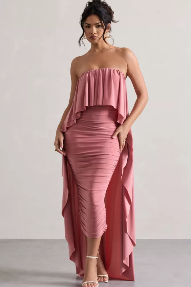 Club L London Upon A Time | Blush Ruched Bandeau Midi Dress With Cape BLUSHPINK Discount