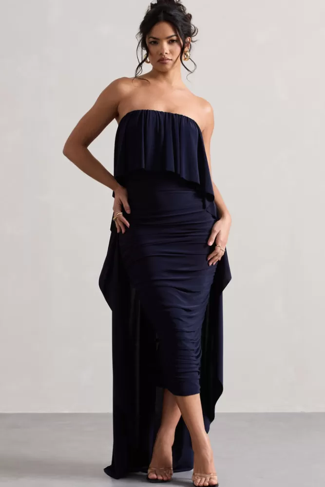 Club L London Upon A Time | Ruched Bandeau Midi Dress With Cape NAVY Online