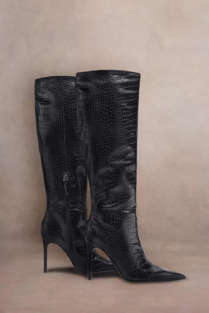 Club L London Uptown | Black Croc Fitted Over-Knee Pointed Heeled Boots BLACKCROC Online