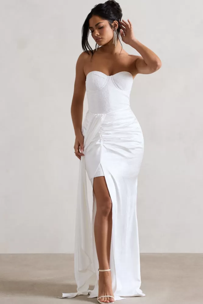 Club L London Valencia | Lace Corset Maxi Dress With Detachable Skirt CREAM Cheap