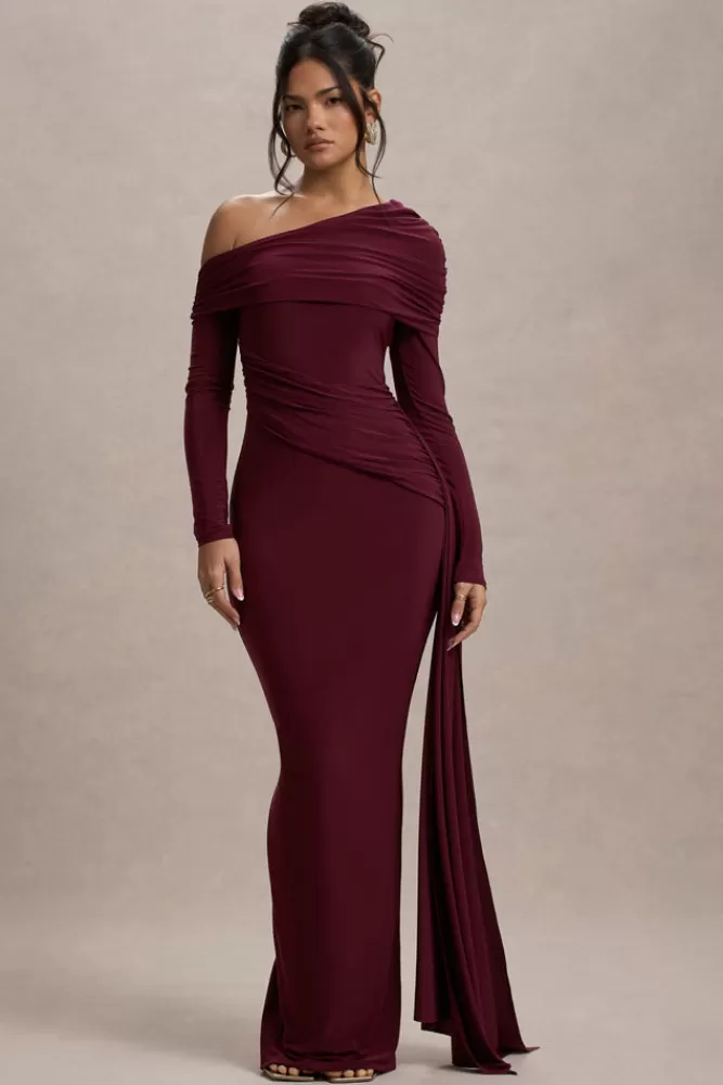 Club L London Valina | Ruched Asymmetric Maxi Dress With Drape BURGUNDY Flash Sale