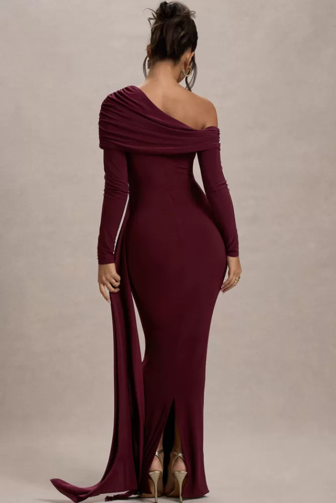 Club L London Valina | Ruched Asymmetric Maxi Dress With Drape BURGUNDY Flash Sale