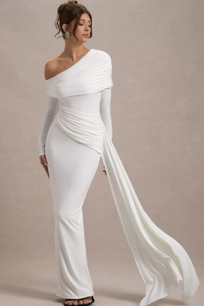 Club L London Valina | Ruched Asymmetric Maxi Dress With Drape white Flash Sale