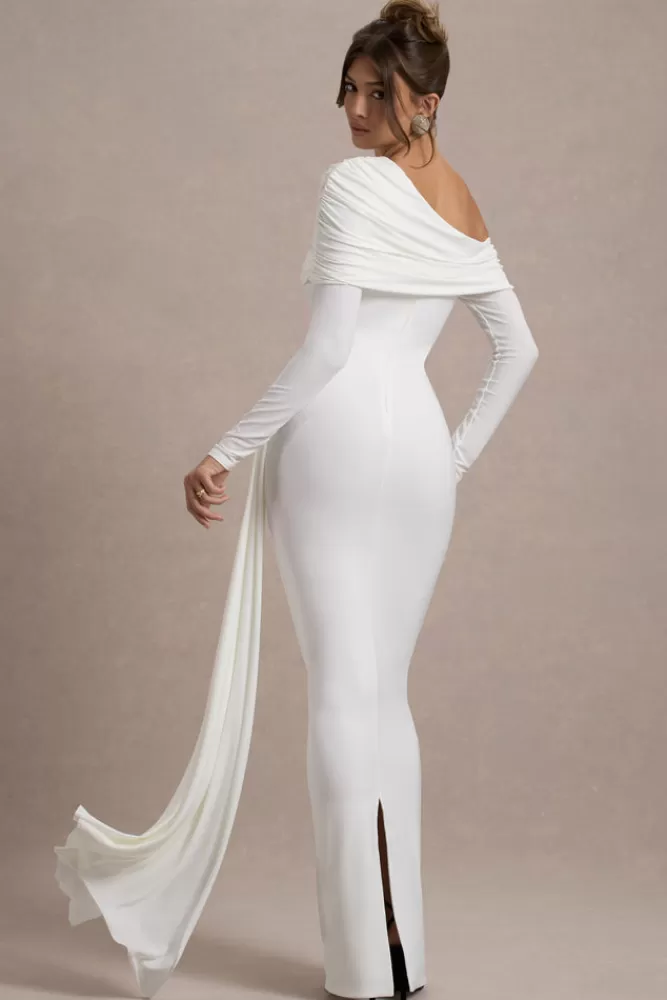 Club L London Valina | Ruched Asymmetric Maxi Dress With Drape white Flash Sale