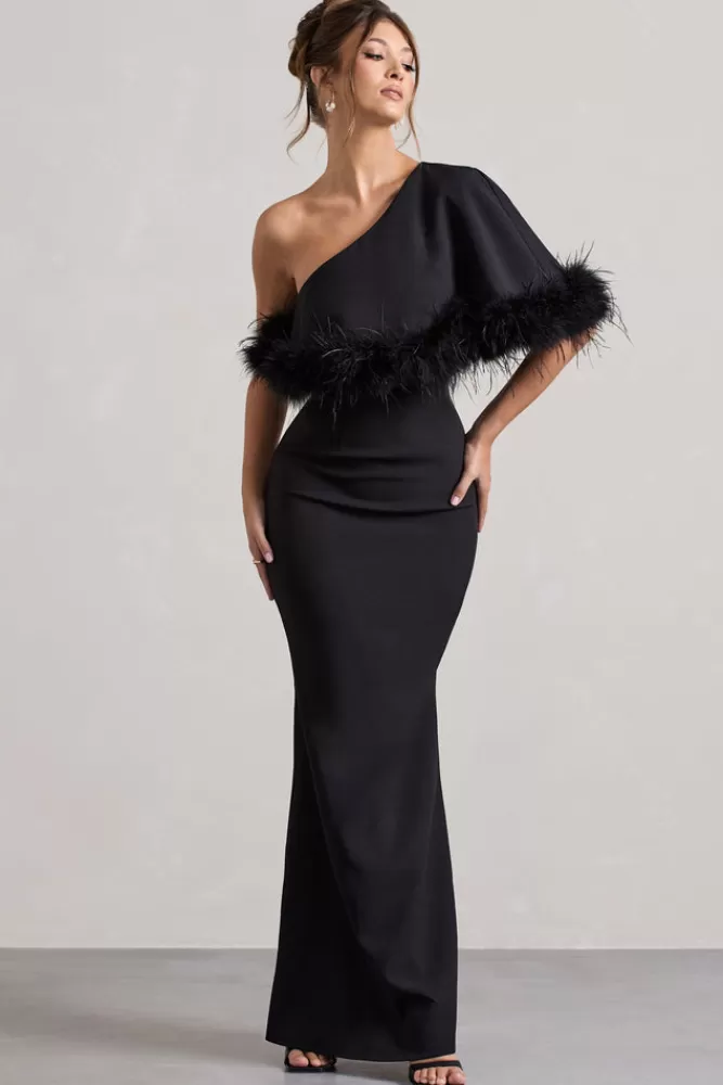 Club L London Valor | Asymmetric Maxi Dress With Feather Trim BLACK Fashion