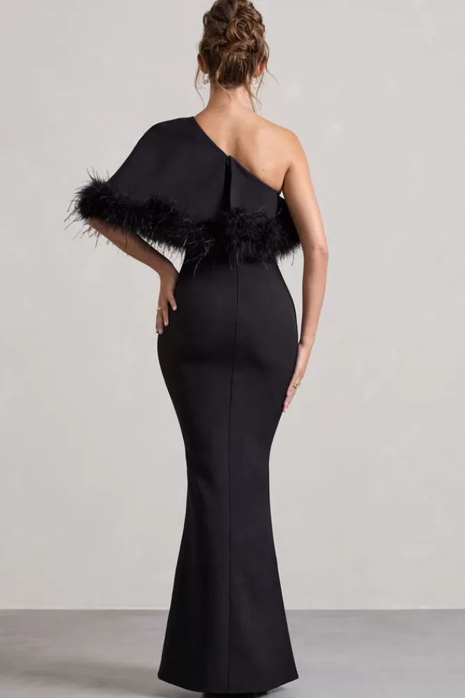 Club L London Valor | Asymmetric Maxi Dress With Feather Trim BLACK Fashion