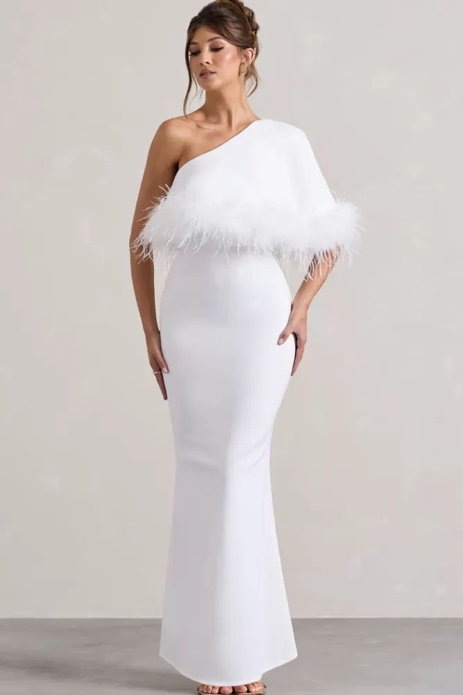 Club L London Valor | Asymmetric Maxi Dress With Feather Trim WHITE Best