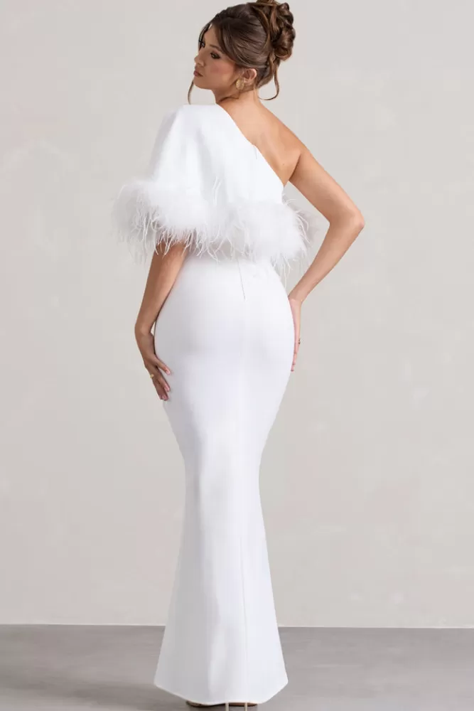 Club L London Valor | Asymmetric Maxi Dress With Feather Trim WHITE Best