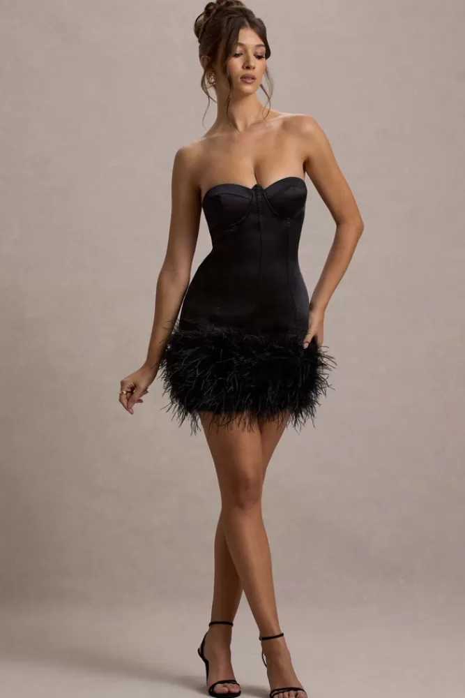 Club L London Vampira | Satin Corset Feather Mini Dress BLACK Sale