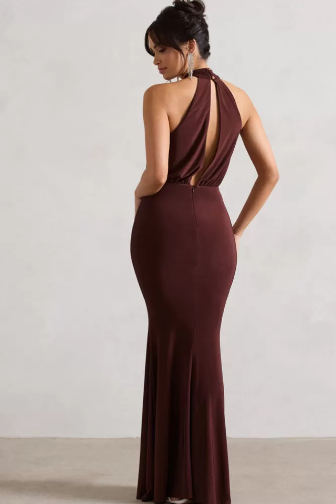 Club L London Vanessa | Chocolate Brown Knot Halter-Neck Maxi Dress CHOCOLATEDRIZZLE Cheap