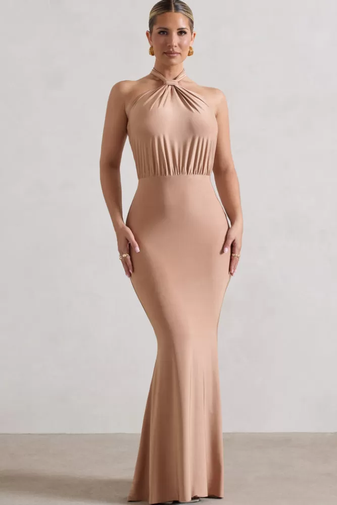 Club L London Vanessa | Knot Halter-Neck Maxi Dress SAND Hot