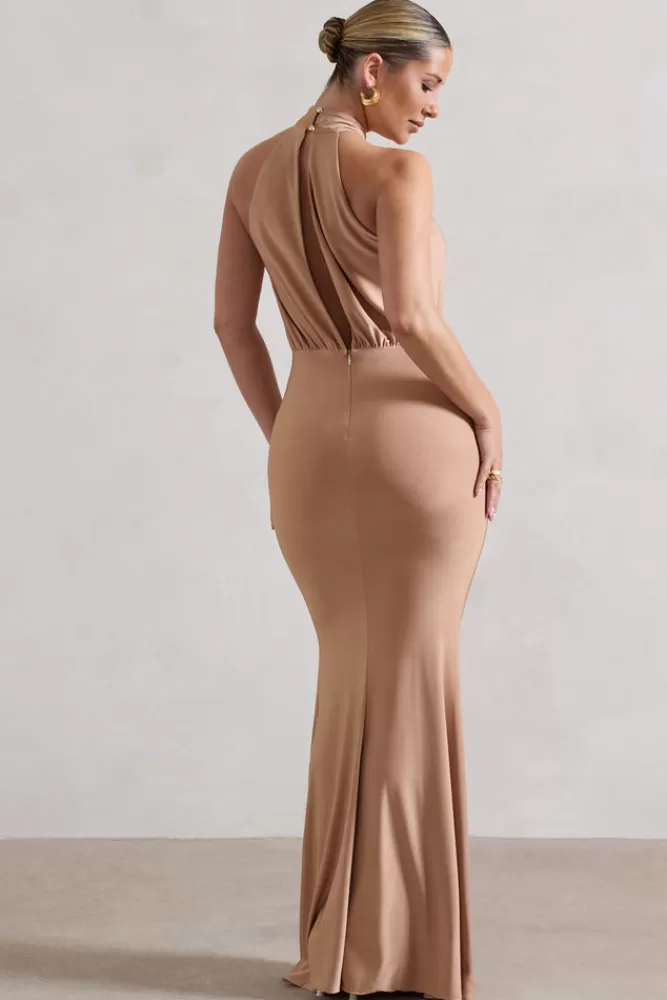 Club L London Vanessa | Knot Halter-Neck Maxi Dress SAND Hot