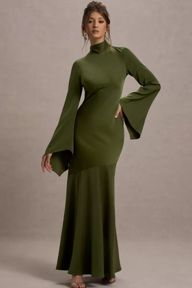 Club L London Veena | Olive Green Satin High-Neck Cut-Out Maxi Dress OLIVEGREEN Fashion