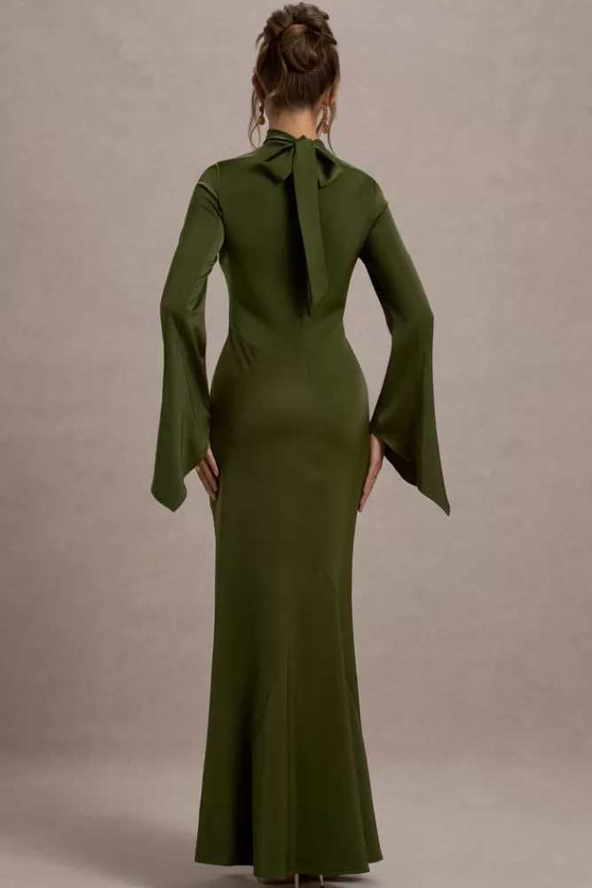 Club L London Veena | Olive Green Satin High-Neck Cut-Out Maxi Dress OLIVEGREEN Fashion