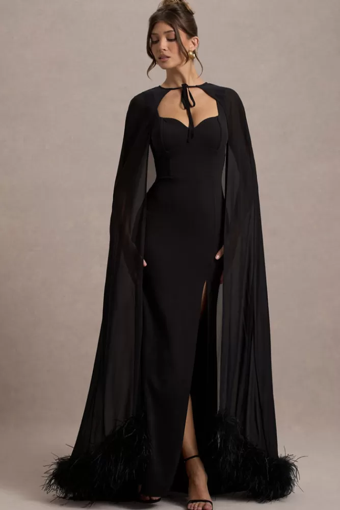 Club L London Veranna | Chiffon Cape with Fur Trim BLACK Discount