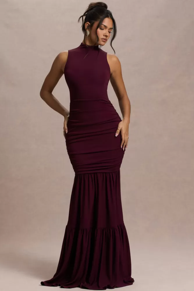 Club L London Verano | High-Neck Tiered Maxi Dress PLUM Best Sale