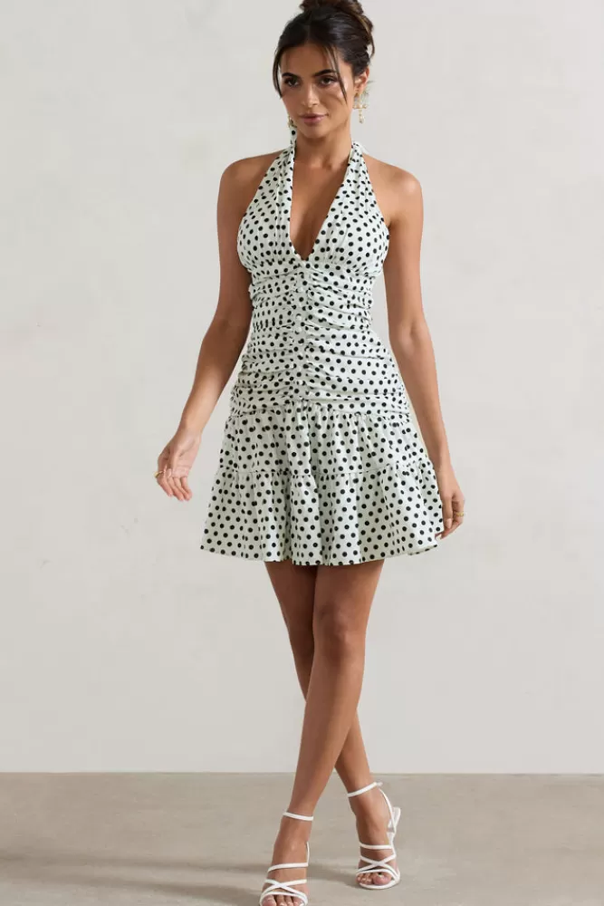Club L London Verde | Polka Dot V-Neck Ruched Mini Dress With Flared Hem WHITEBASEPOLKADOT Cheap