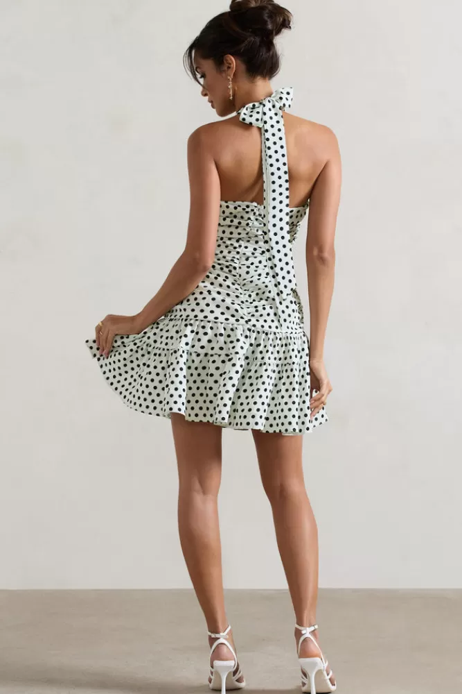 Club L London Verde | Polka Dot V-Neck Ruched Mini Dress With Flared Hem WHITEBASEPOLKADOT Cheap