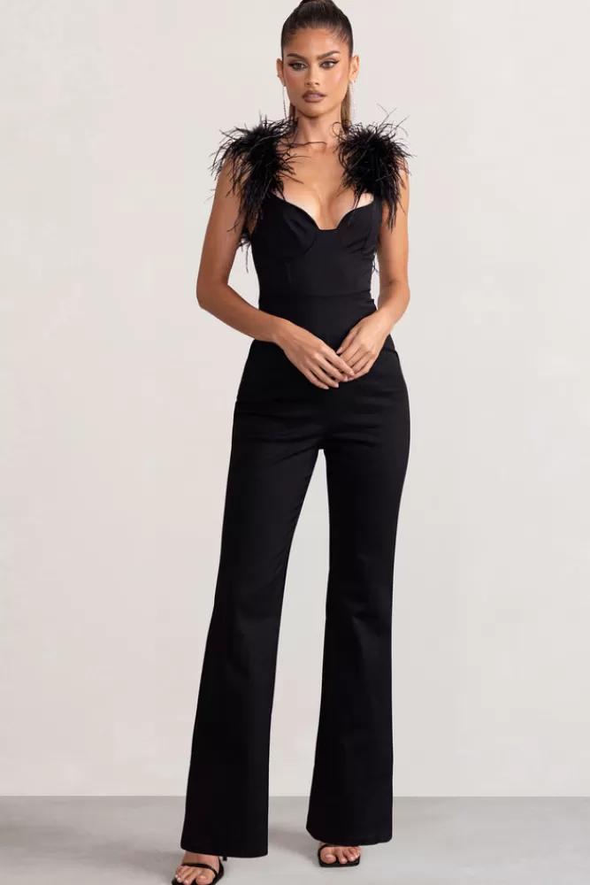 Club L London Verity | Feather Shoulder Corset Style Jumpsuit BLACK Online