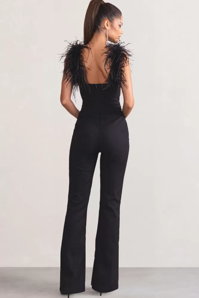 Club L London Verity | Feather Shoulder Corset Style Jumpsuit BLACK Online
