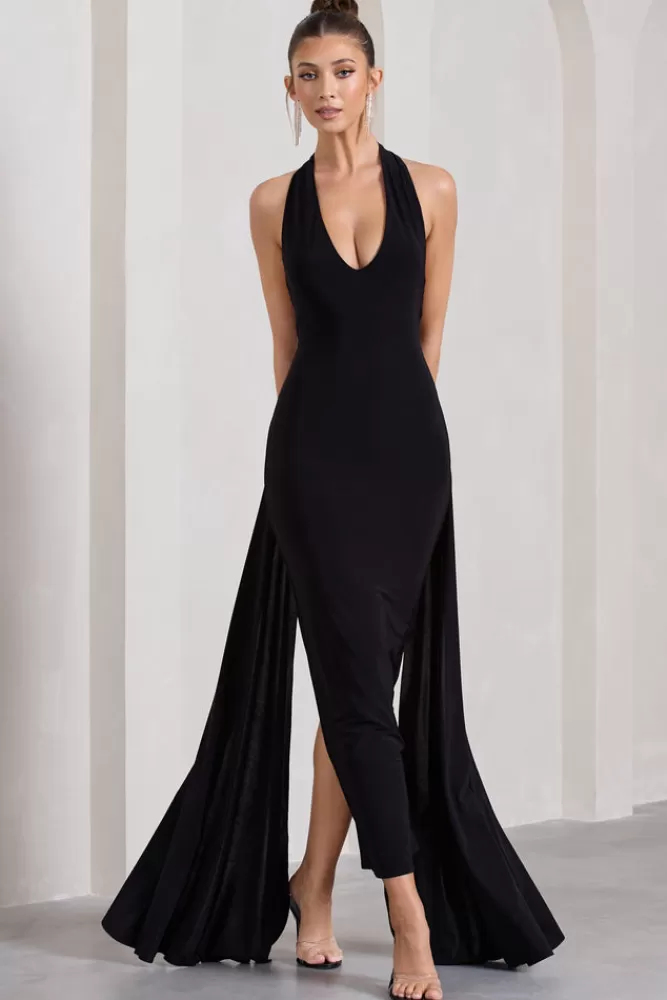 Club L London Veronica | Plunge Sleeveless Open-Back Maxi Dress With Drape Detail BLACK Online