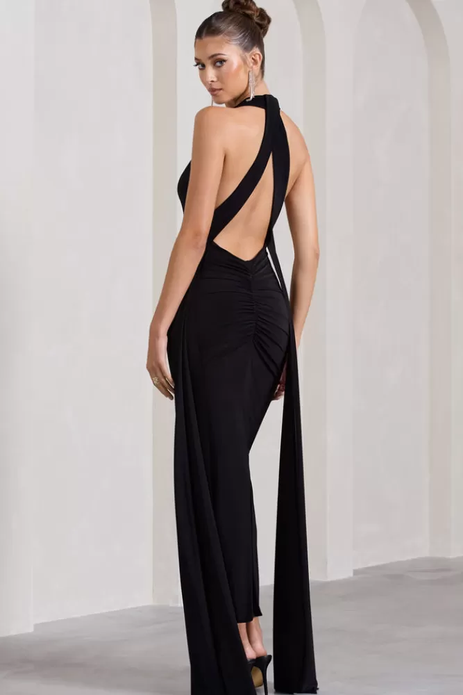 Club L London Veronica | Plunge Sleeveless Open-Back Maxi Dress With Drape Detail BLACK Online