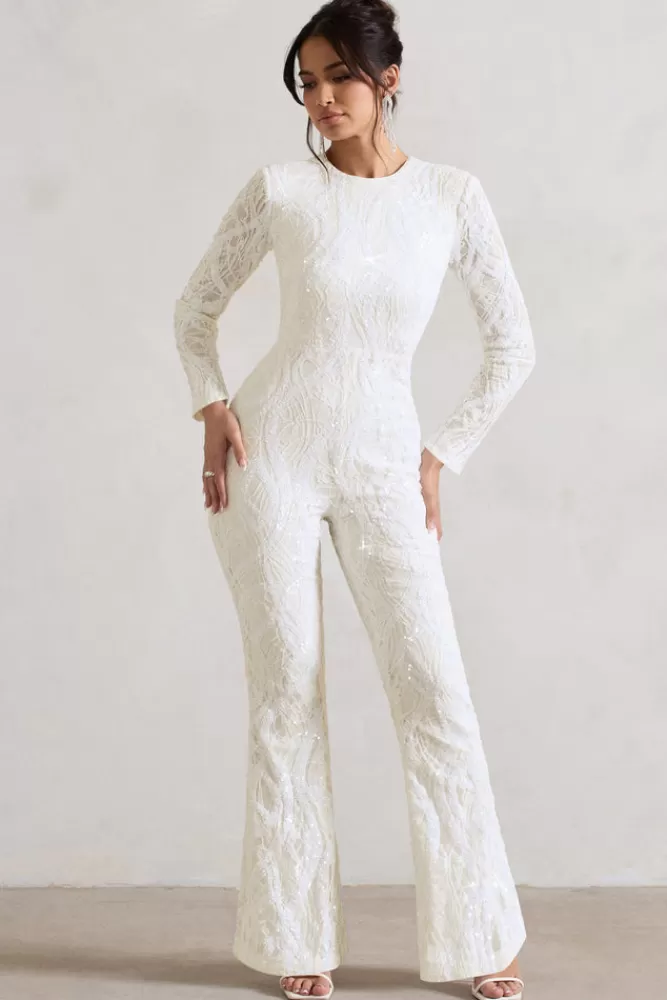 Club L London Vesper | Sequin Wide-Leg Jumpsuit WHITE Store